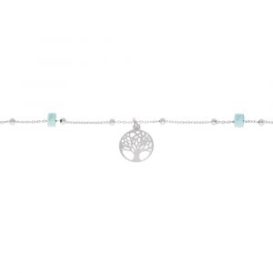 Cha&icirc;ne de cheville en argent platin&eacute; avec pampille arbre de vie et Turquoise v&eacute;ritable 22+3cm