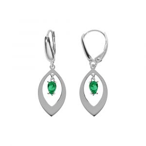 Boucles d'oreille en argent rhodi&eacute; navette et oxyde vert pendant, fermoir dormeuse