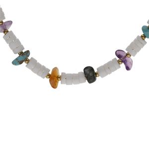 Collier en acier rondelles coquillage avec améthyste, agate rouge, obsidienne et turquoise imitation 40+5cm