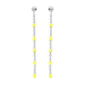 Boucles d'oreille en argent rhodié chaînette avec olives couleur jaune fluo et fermoir poussette