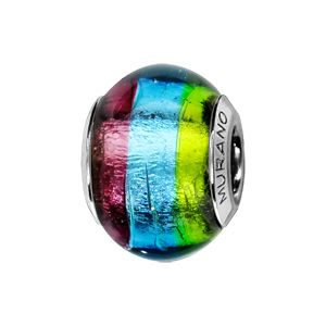 Charms Thabora en argent rhodié et verre de Murano véritable 3 bandes : vert, bleu et violet