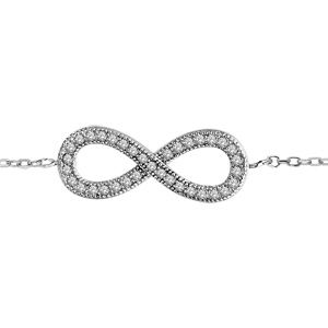 Bracelet en argent rhodi&eacute; cha&icirc;ne avec symbole infini orn&eacute; d'oxydes blancs au milieu - longueur 16,5cm + 2cm de rallonge