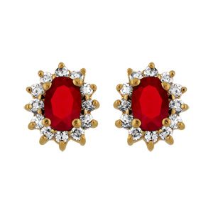 Boucles d'oreilles en plaqué or collection joaillerie oxyde rouge au centre et petits oxydes blancs autour et fermoir poussette