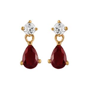 Boucles d'oreilles pendantes en plaqué or collection joaillerie oxyde blanc et goutte en oxyde rouge suspendu et fermoir poussette