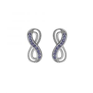 Boucles d'oreille tige en argent rhodi&eacute;, motif infini avec oxydes bleu clair sertis