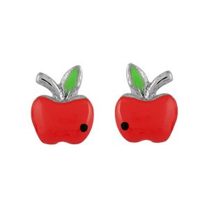 Boucles d'oreilles pour enfant en argent rhodié pomme rouge et fermoir poussette