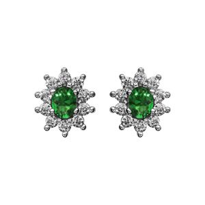 Boucles d'oreilles en argent rhodié collection joaillerie pierre centrale vert contour oxydes blancs sertis et fermoir poussette