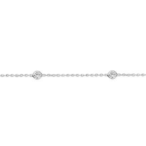 Chaîne de cheville en argent rhodié 4 oxydes ronds blancs sertis clos 23cm + 3cm de rallonge