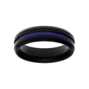 Bague en acier PVD noir filet bleu largeur 6mm