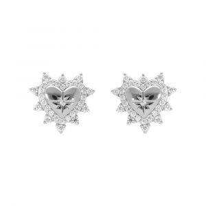 Boucles d'oreille tige en argent rhodi&eacute; forme coeur avec etoile du nord au contour d'oxydes blancs sertis
