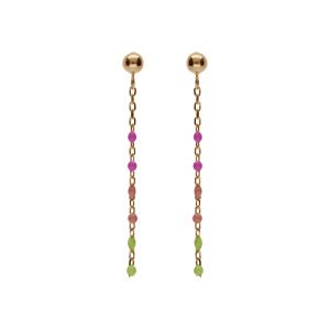 Boucles d'oreille tige en argent et dorure jaune olive, résine multicolore dégradé rose vert