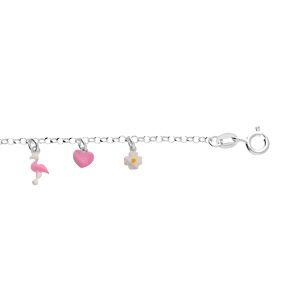 Bracelet enfant en argent rhodié chaîne avec pampille coeurs, fleurs et flamant rose 13+3cm