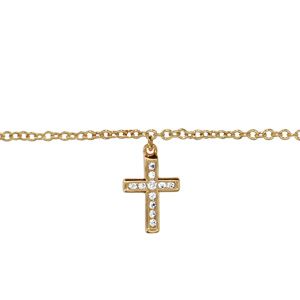 Cha&icirc;ne de cheville en plaqu&eacute; or avec pampille croix chr&eacute;tienne orn&eacute;e d'oxydes blancs sertis - longueur 23cm + 2cm de rallonge