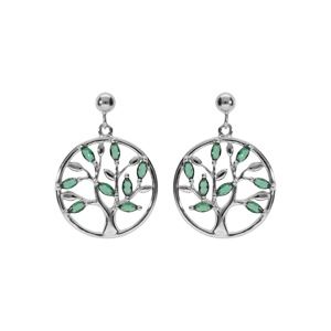 Boucles d'oreille tige en argent rhodié pendante motif cercle arbre de vie avec oxydes vert