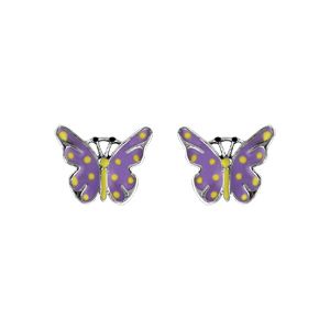 Boucles d'oreilles pour enfant en argent rhodié papillon violet et jaune avec fermoir poussette