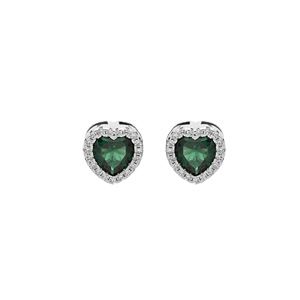 Boucles d'oreille en argent rhodié coeur oxyde vert et contour oxydes blancs sertis avec fermoir poussette