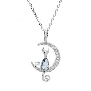Collier en argent rhodi&eacute; cha&icirc;ne avec pendentif demi lune et chat en oxyde bleu 40+5cm