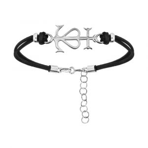 Bracelet en argent rhodi&eacute; cordon doubl&eacute; noir avec croix camarguaise 16+3cm - Symbole de la Camargue
