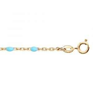 Cha&icirc;ne de cheville en argent et dorure jaune mailles et olives couleur turquoise 23+3cm