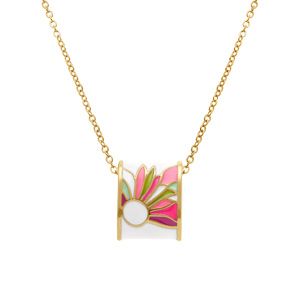 Collier Stella Mia en  acier doré jaune avec pendentif rectangulaire fond résine blanche fleur rose et violet  - 42+10cm