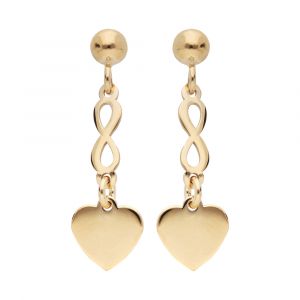 Boucles d'oreille pendantes en argent rhodi&eacute; et dorure jaune symboles coeur et infini suspendus et fermoir poussette