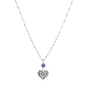 Collier argent rhodié chaîne boule pendentif coeur mpartelé avec 1 boule jade violette véritable réglable 40 à 45cm
