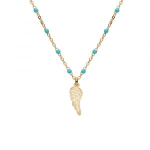Collier en argent et dorure jaune cha&icirc;ne avec boules couleur turquoise avec pendentif plume 40+5cm