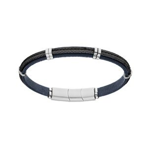 Bracelet en acier et cuir bovi bleu double câble noir - 20cm+1cm double fermoir aimanté