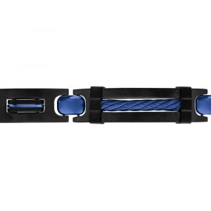 Bracelet en acier et PVD noir plaque et gros c&acirc;ble PVD bleu 21,5cm (r&eacute;glable en 20,50 et 19 cm) triple fermoir
