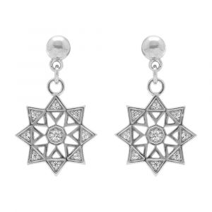 Boucles d'oreille pendantes tige en argent rhodi&eacute;  en forme d' etoile orn&eacute;es d'oxydes blancs sertis