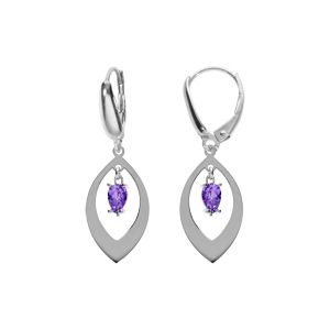 Boucles d'oreille en argent rhodié navette et oxyde violet pendanr, fermoir dormeuse
