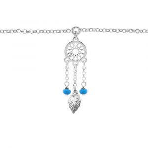 Cha&icirc;ne de cheville argent rhodi&eacute; pampille attrape r&ecirc;ve et perles bleues ciel 23+3cm