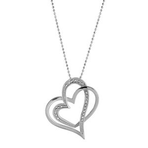 Collier en argent rhodi&eacute; cha&icirc;ne boule avec pendentif 2 coeurs entrem&ecirc;l&eacute;s, 1 lisse et l'autre ouvrag&eacute; - longueur 43cm + 3cm de rallonge