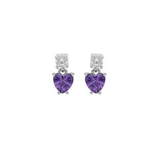 Boucles d'oreille en argent rhodié oxydes blanc et oxyde violet suspendu forme coeur et fermoir poussette