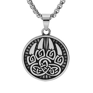 Collier en acier chaîne avec pendentif patiné rond Viking 38mm motif pate d'ours 52+5cm