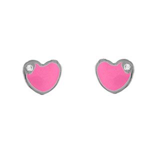 Boucles d'oreilles pour enfant en argent rhodi&eacute; coeur rose avec petit oxyde blanc et fermoir poussette