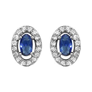 Boucles d'oreilles en argent rhodié collection joaillerie oxyde ovale bleu avec entourage d'oxydes blancs sertis et fermoir poussette