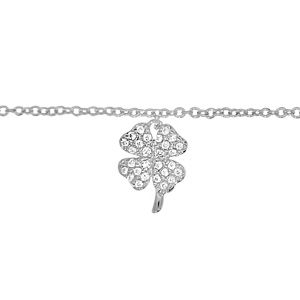 Chaîne de cheville en argent rhodié avec pampille trèfle à 4 feuilles pavé d'oxydes blancs sertis - longueur 23cm + 2cm de rallonge