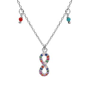 Collier en argent rhodié chaîne avec pendentif infini empierrés et pampilles boules multi couleurs et 40+5cm