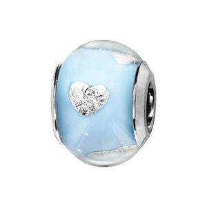 Charms Thabora en argent rhodié et verre de Murano véritable bleu clair avec coeurs argentés