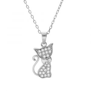 Collier en argent rhodi&eacute; cha&icirc;ne avec pendentif chat oxydes blancs sertis 43cm r&eacute;glable 41 et 39cm