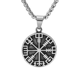 Collier en acier chaîne avec pendentif rond patiné viking 34mm symbole rune celtique 52+5cm