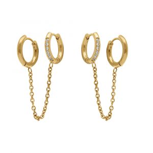 Boucles d'oreille en acier dor&eacute; compos&eacute; de petits anneaux un lisse et l'autre avec oxydes blancs sertis reli&eacute;s par une chainette