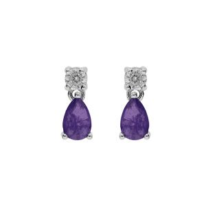 Boucles d'oreille en argent rhodié oxyde rond blanc serti et goutte oxyde violet avec fermoir poussette