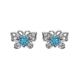 Boucles d'oreilles en argent rhodié papillon orné d'oxydes blancs et gros oxyde bleu ciel serti et fermoir poussette
