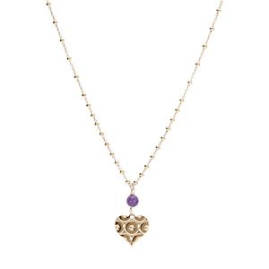 Collier argent doré chaîne boule pendentif coeur mpartelé avec 1 boule jade violette véritable réglable 40 à 45cm