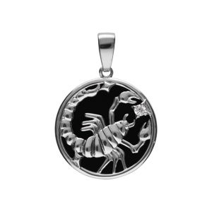 Pendentif en argent rhodié médaille 15mm, onyx noir imitation, zodiaque scorpion et un oxyde blanc