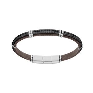Bracelet en acier et cuir bovi marron double câble noir - 20cm + 1cm double fermoir aimanté