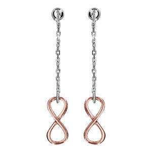 Boucles d'oreilles pendantes en argent rhodi&eacute; et dorure rose cha&icirc;nette avec infini lisse &agrave; l'extr&eacute;mit&eacute; et fermoir clou avec poussette