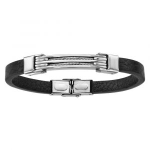 Bracelet en acier et cuir noir 2 rangs c&acirc;ble gris 21cm r&eacute;glable